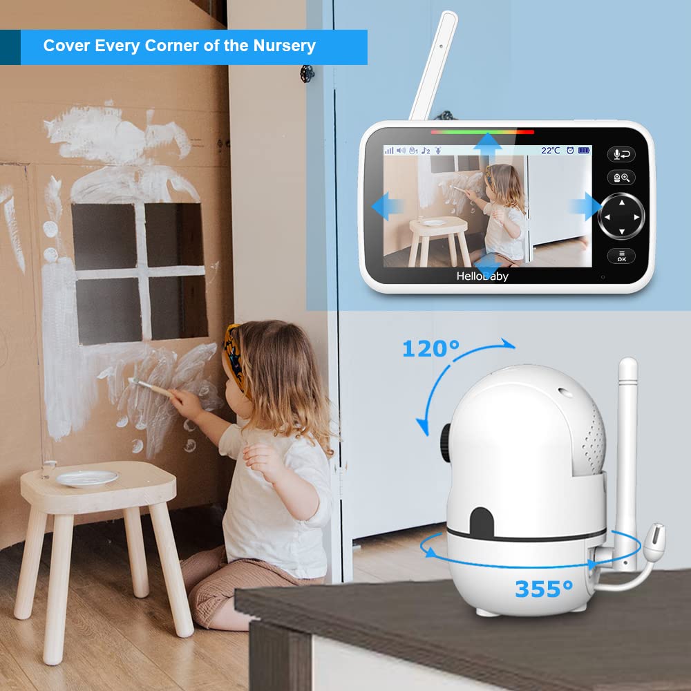 HelloBaby 5" Baby Monitor w/ Pan-Tilt-Zoom Video and 1000ft Range