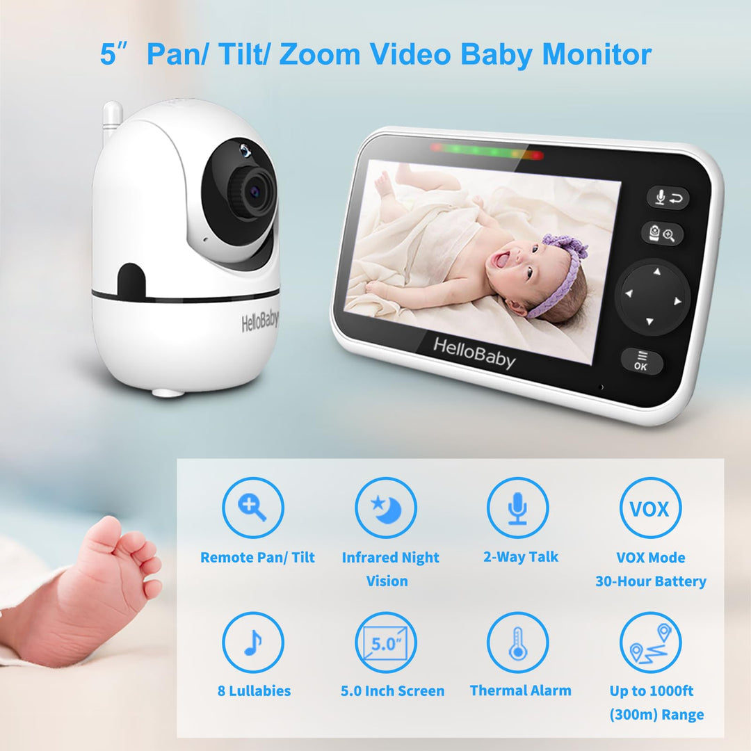 HelloBaby 5" Baby Monitor w/ Pan-Tilt-Zoom Video and 1000ft Range